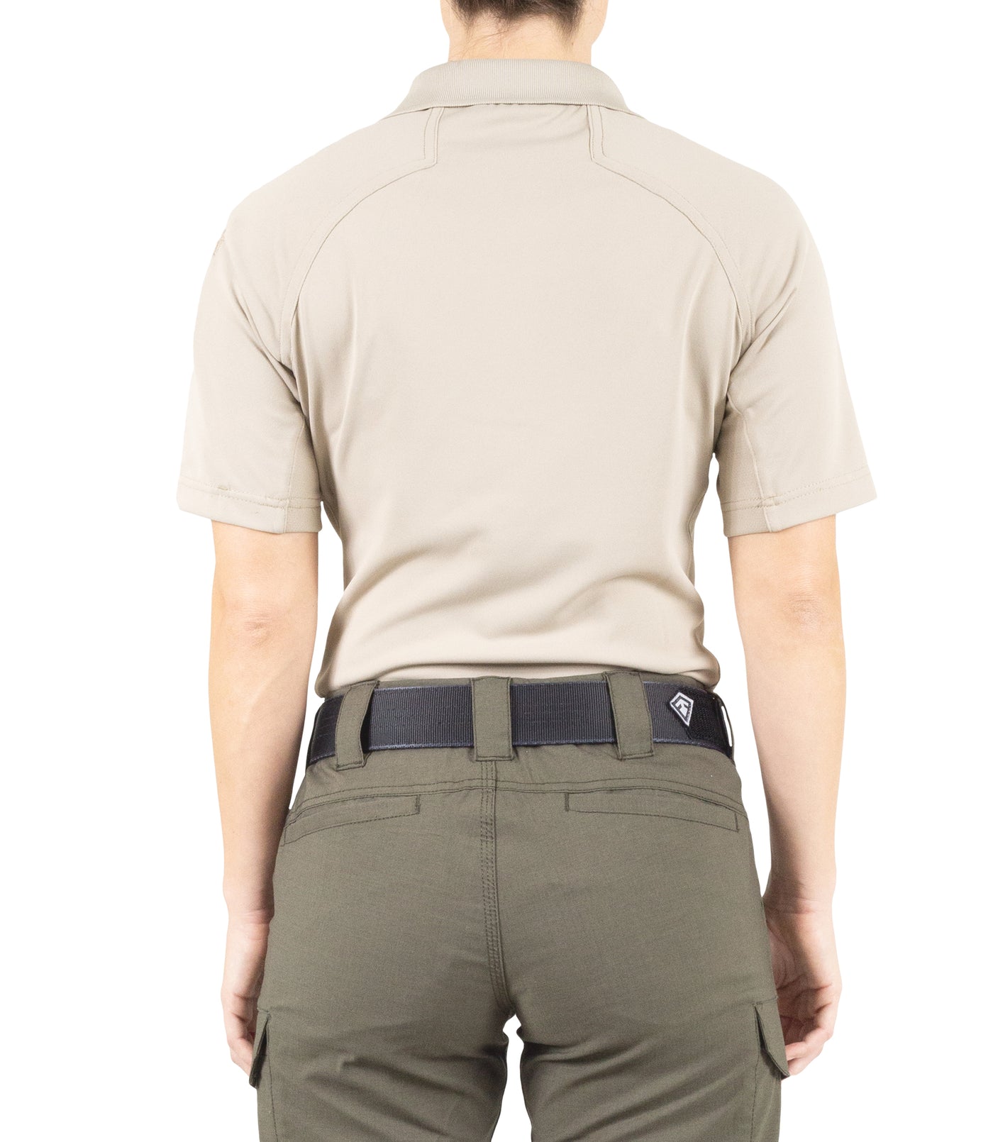 Back of Women's Performance Short Sleeve Polo in Silver Tan