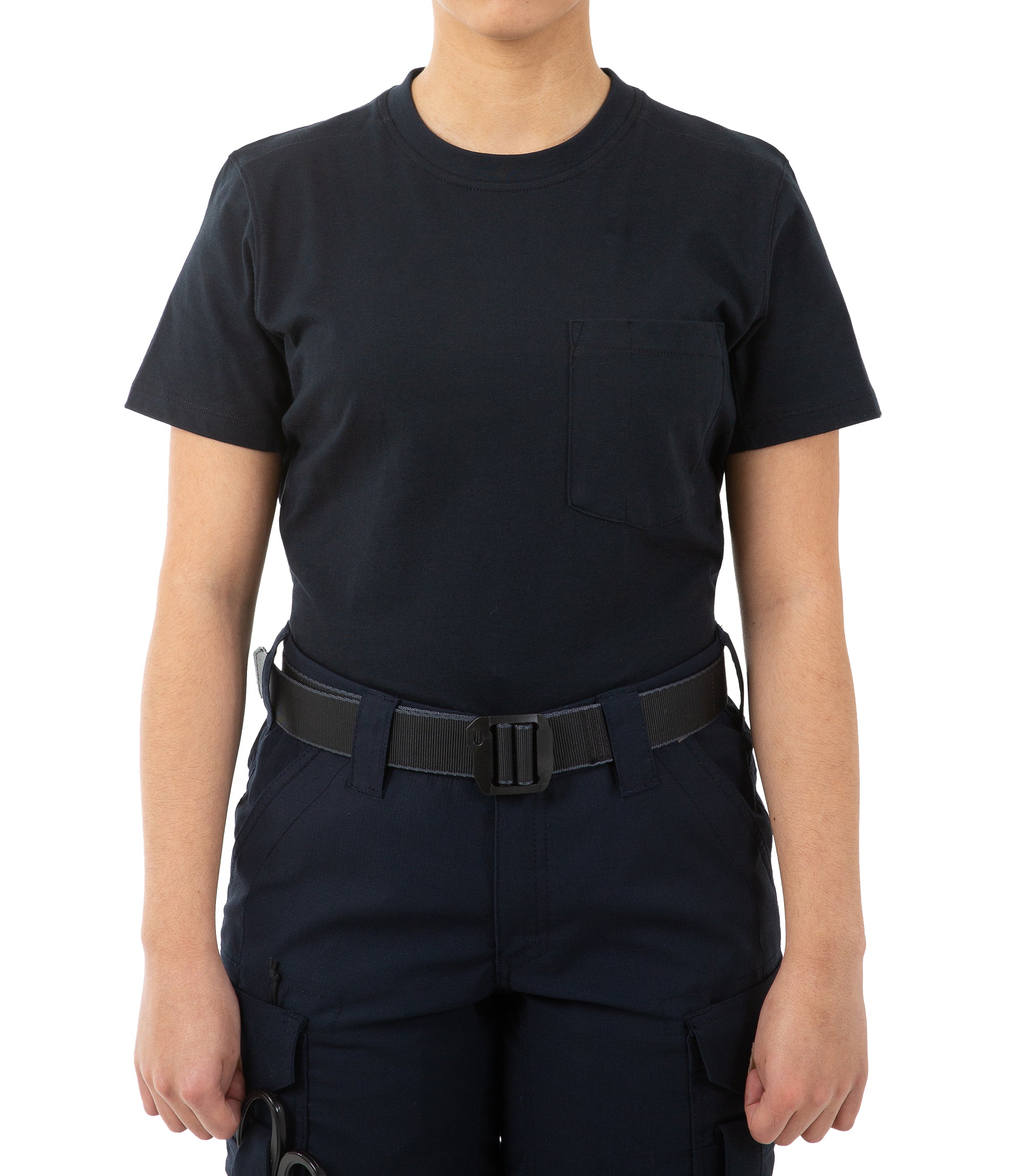 Front view of Women's Tactix Cotton T-Shirt with Chest Pocket in Midnight Navy |color_midnight navy