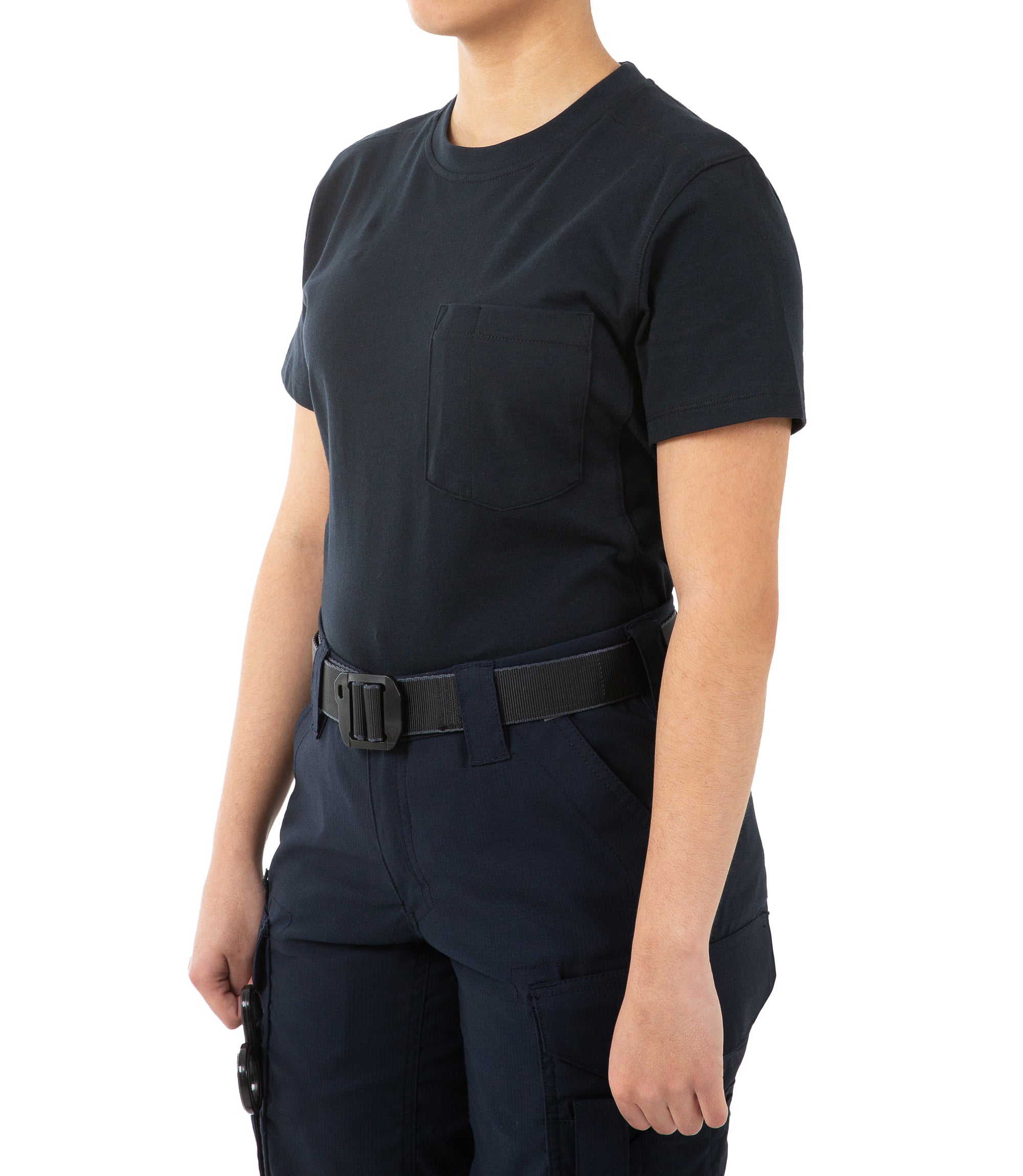 Left front side view of Women's Tactix Cotton T-Shirt with Chest Pocket in Midnight Navy |color_midnight navy