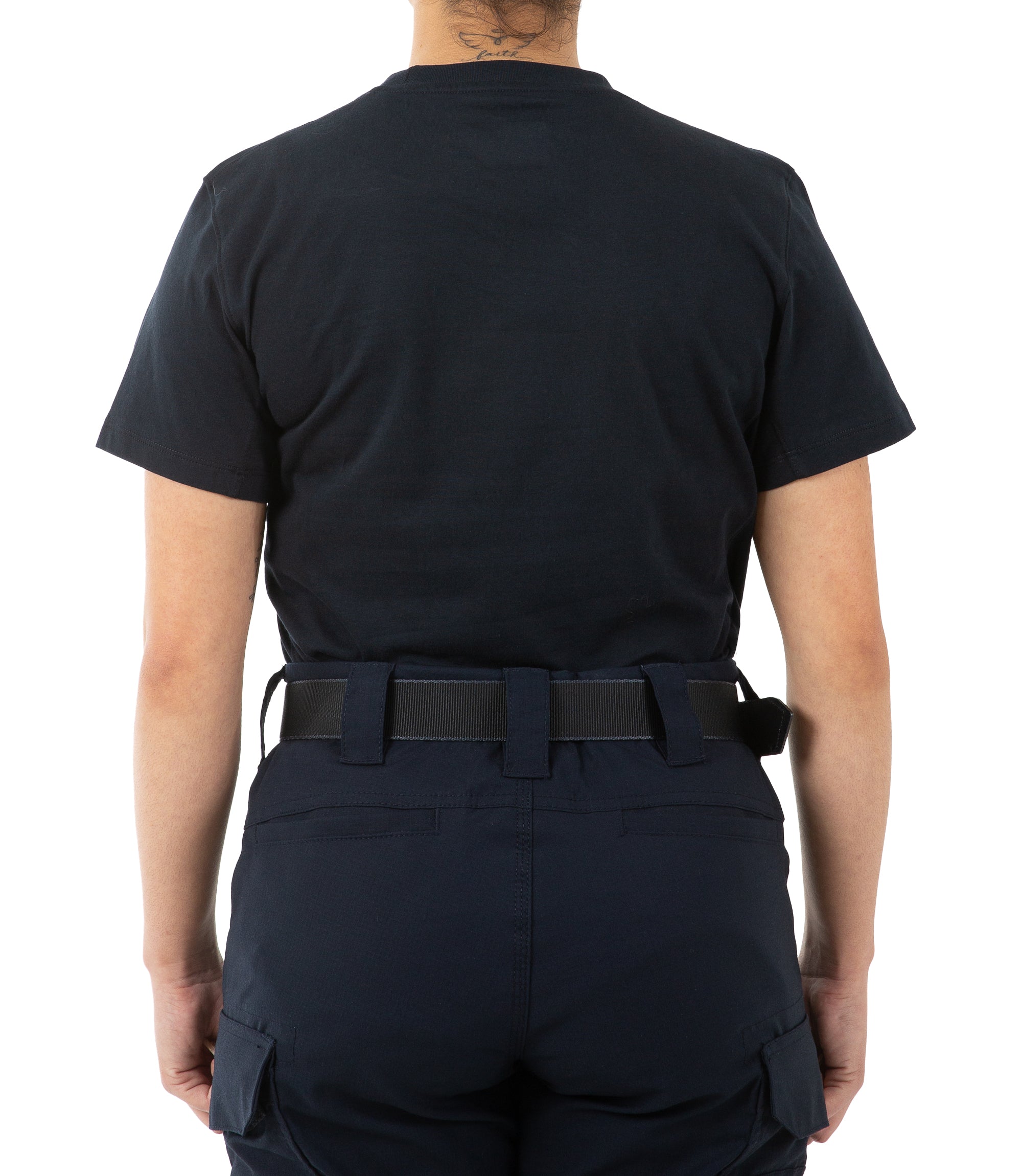 Back view of Women's Tactix Cotton T-Shirt with Chest Pocket in Midnight Navy |color_midnight navy