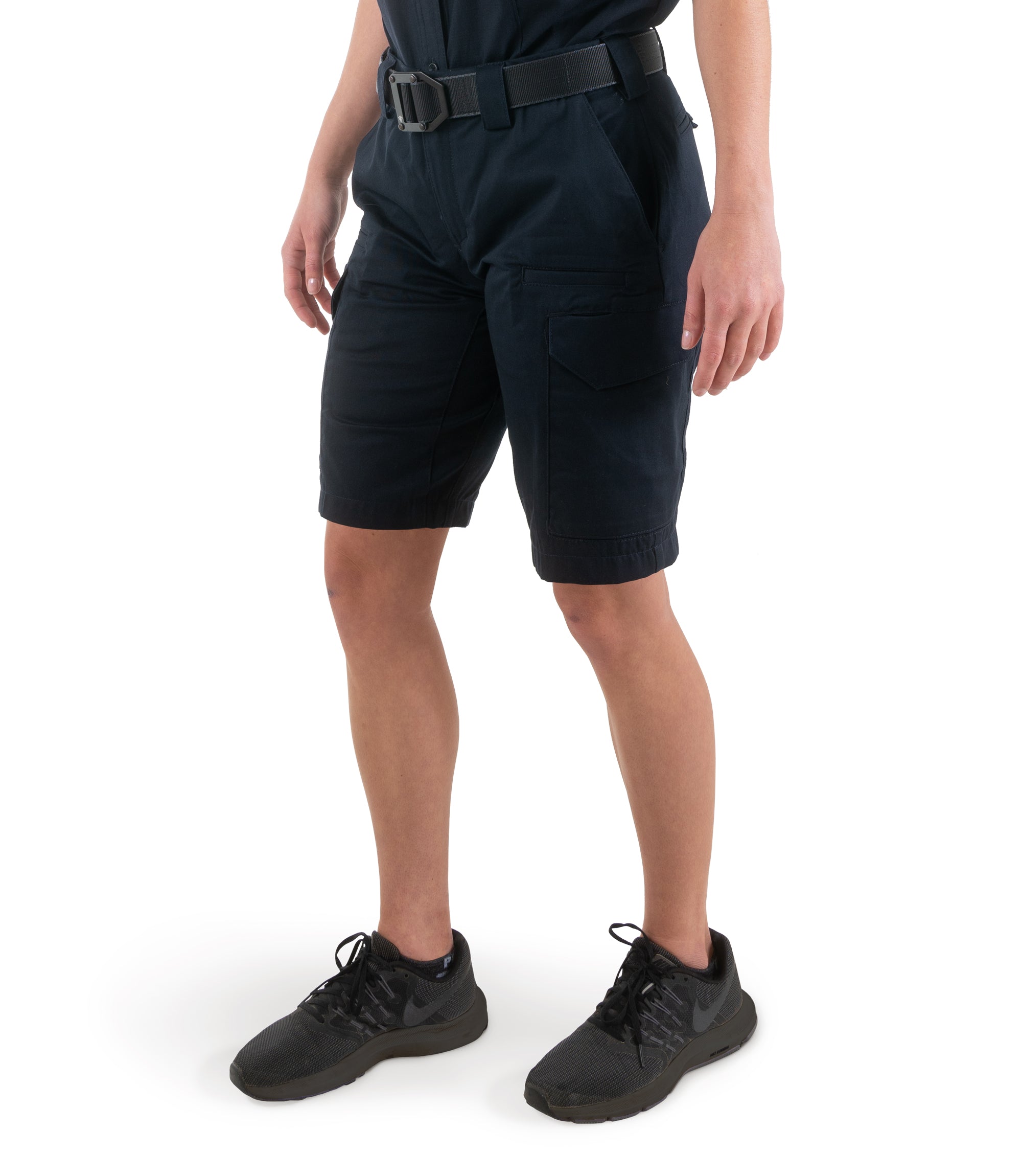 Left front side view of Women's Cotton Station Cargo Short in Midnight Navy|color_midnight navy