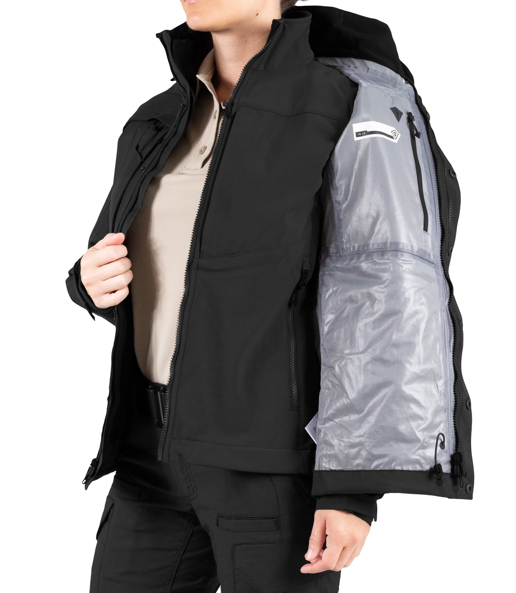 Front Softshell Jacket Zipper of Women’s Tactix 3-In-1 System Parka in Black|color_black