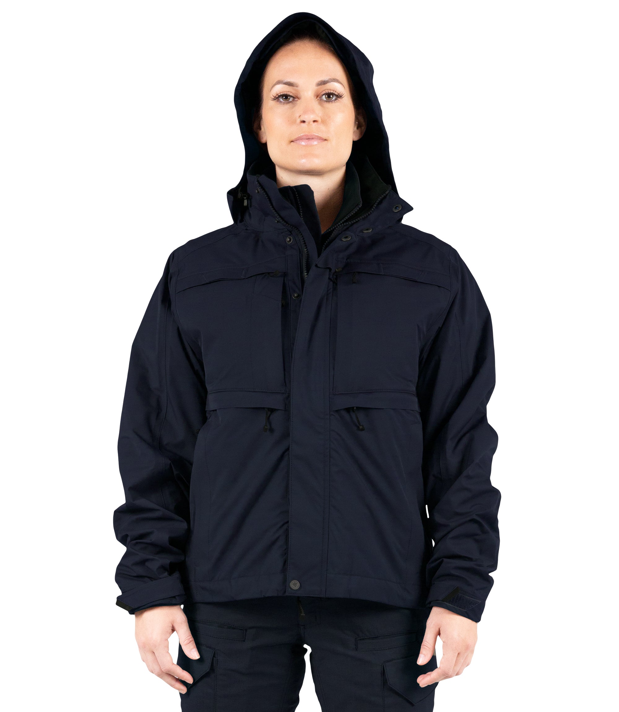 Front Hood of Women’s Tactix 3-In-1 System Jacket in Midnight Navy|color_midnight navy