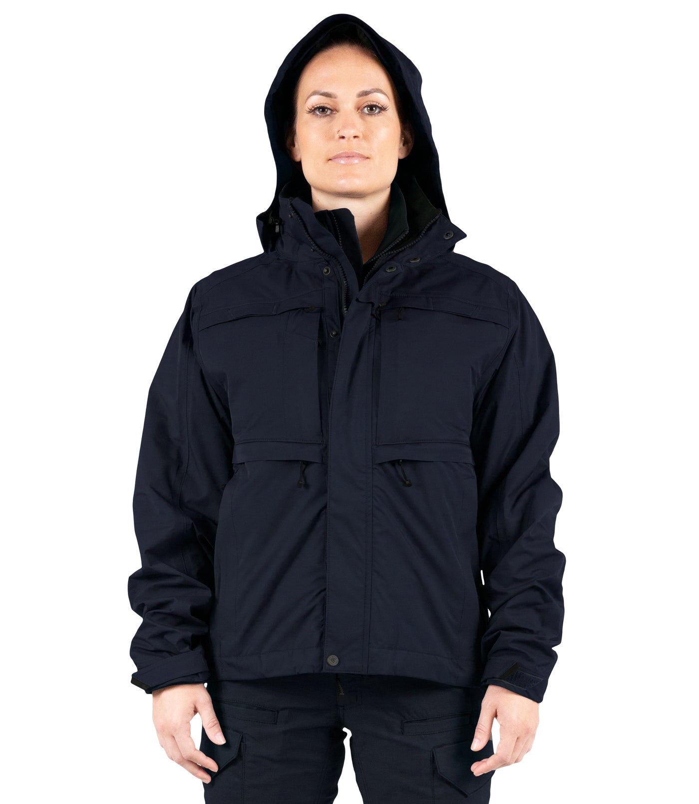 Front Hood of Women’s Tactix System Jacket in Midnight Navy