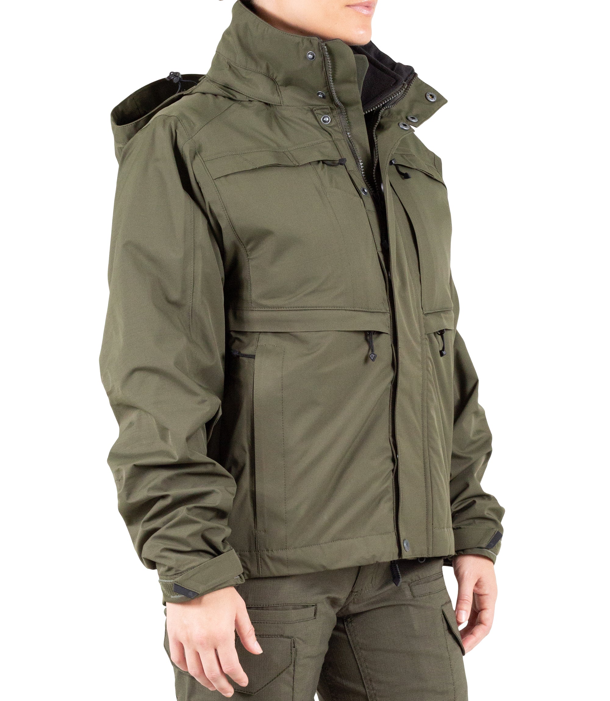 Right front side view of Women’s Tactix 3-In-1 System Jacket in OD Green|color_od green