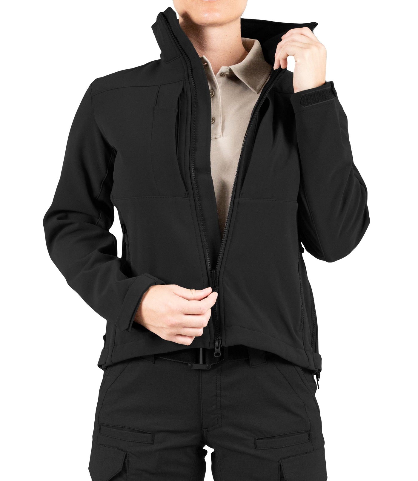 Front of Women’s Tactix Softshell Short Jacket in Black Unzipped