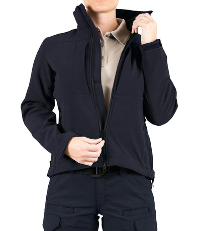 Front of Women’s Tactix Softshell Short Jacket in Midnight Navy Unzipped
