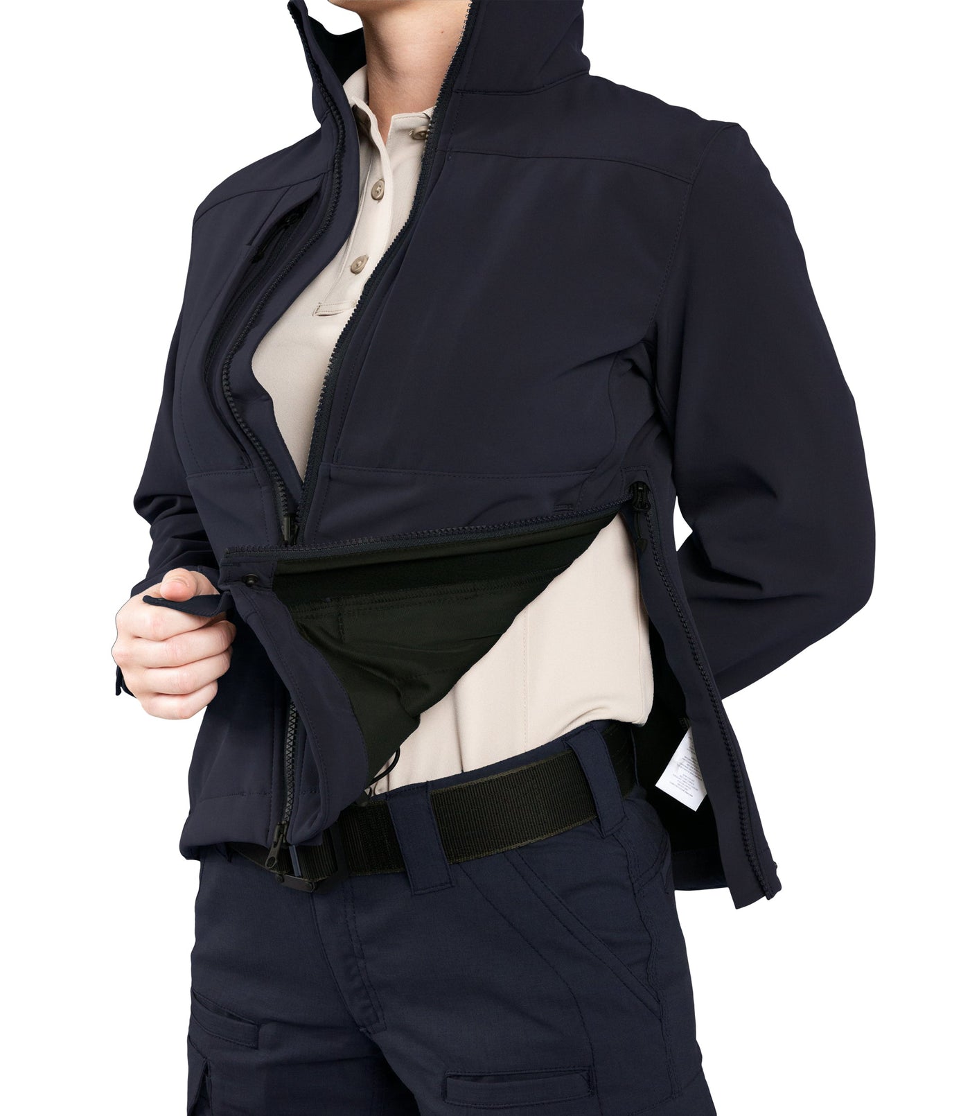 Side Zipper of Women’s Tactix Softshell Short Jacket in Midnight Navy