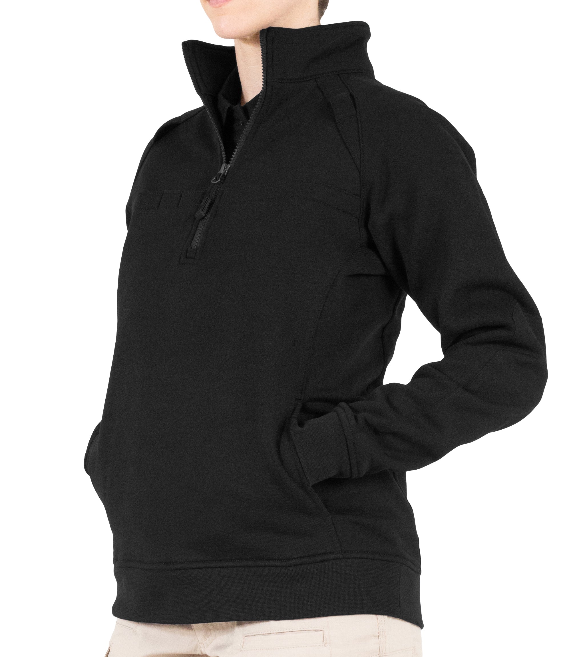 Side of Women’s Cotton Job Shirt Quarter Zip in Black|color_black
