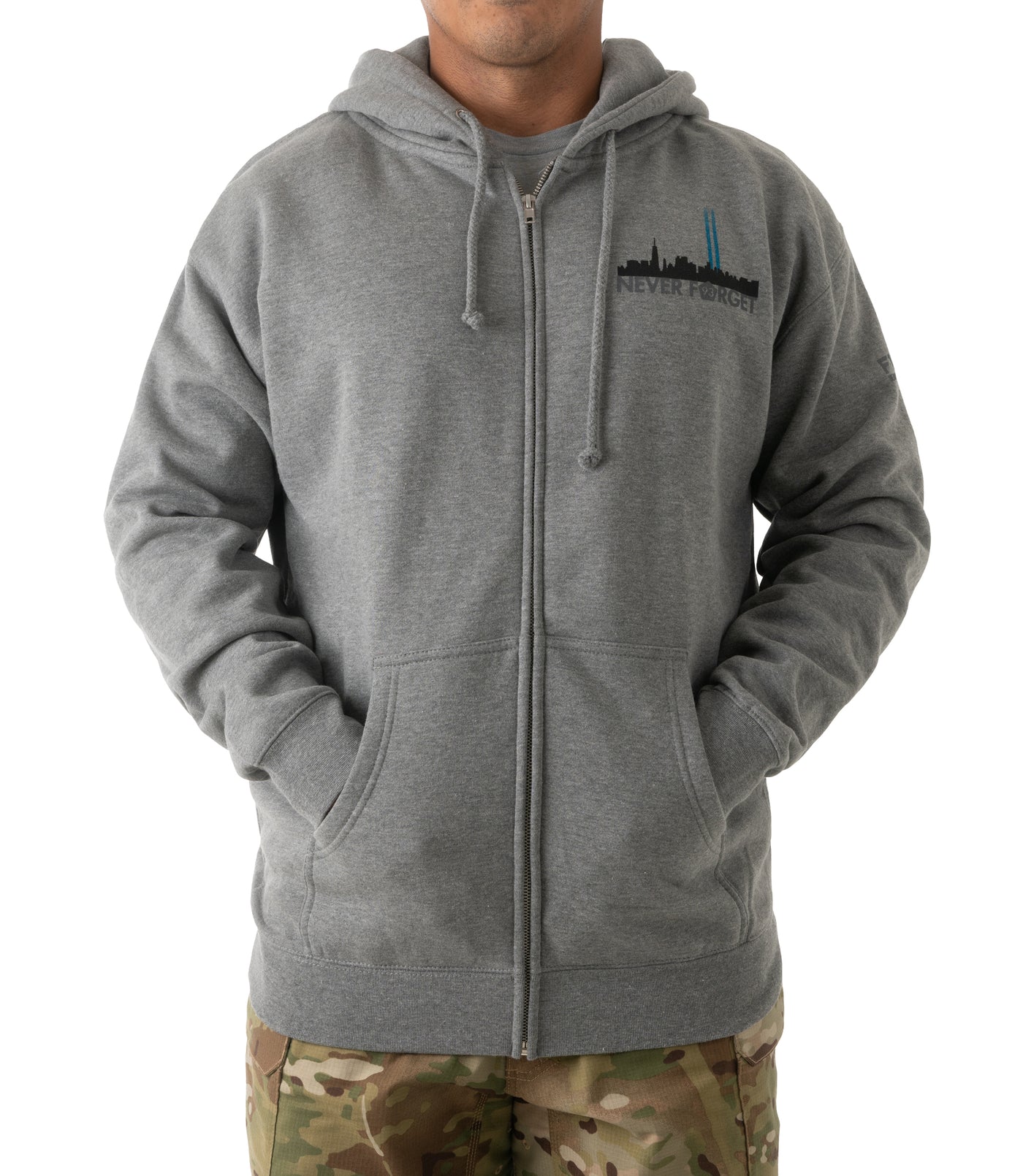 Front of Freedom Tower Zip-Up Hoodie in Heather Grey