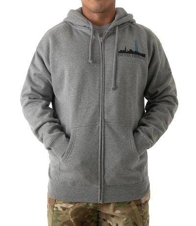 Front of Freedom Tower Zip-Up Hoodie in Heather Grey