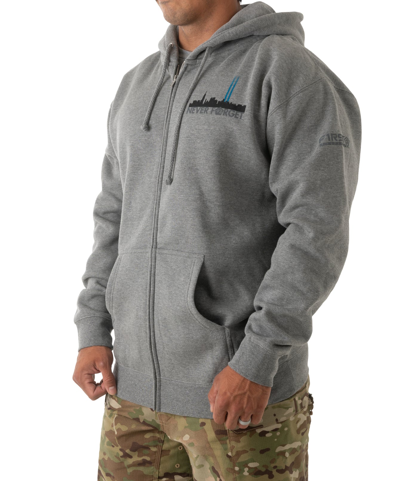 Side of Freedom Tower Zip-Up Hoodie in Heather Grey