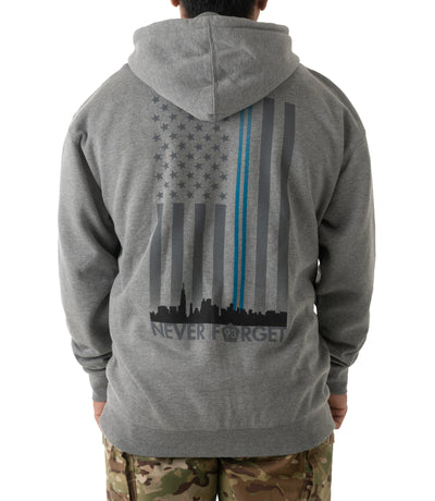 Back of Freedom Tower Zip-Up Hoodie in Heather Grey