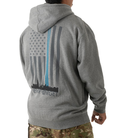 Back of Freedom Tower Zip-Up Hoodie in Heather Grey