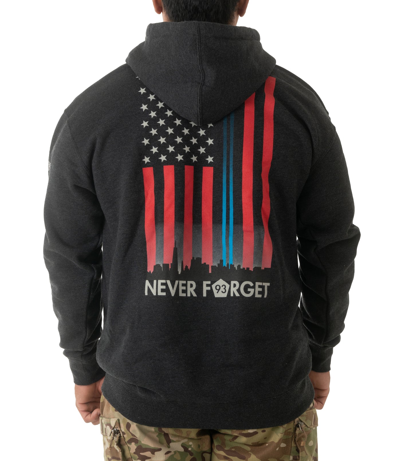 Back of Freedom Tower Hoodie in Charcoal