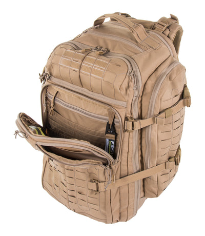 Unzipped Front of Tactix 3-Day Plus Backpack 62L in Coyote