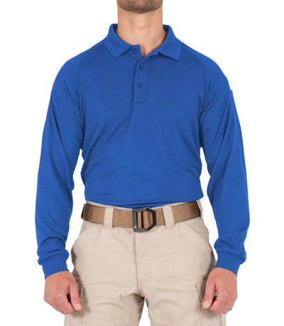 Front of Men's Performance Long Sleeve Polo in Academy Blue