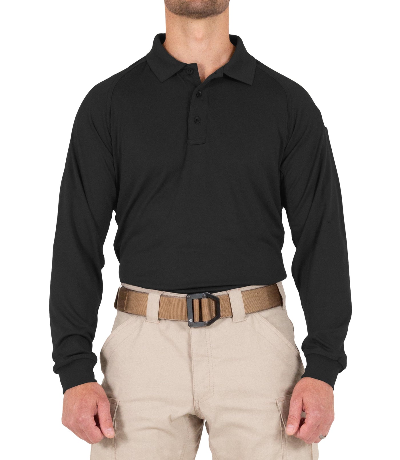 Front of Men's Performance Long Sleeve Polo in Black