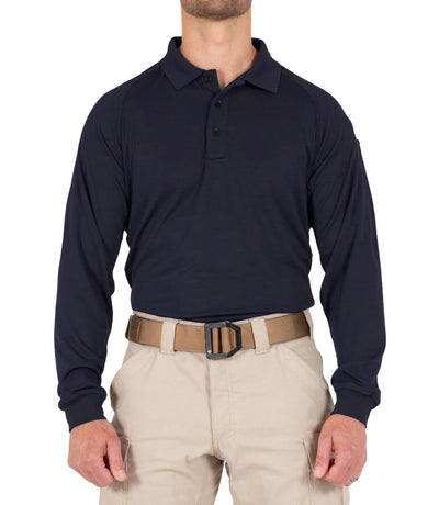 Front of Men's Performance Long Sleeve Polo in Midnight Navy