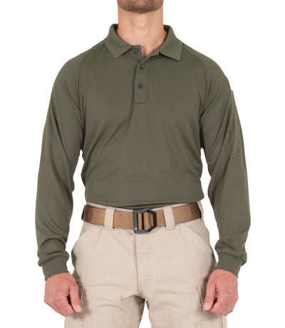 Front of Men's Performance Long Sleeve Polo in OD Green