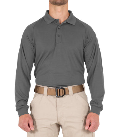 Front of Men's Performance Long Sleeve Polo in Wolf Grey