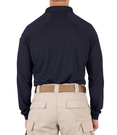 Back of Men's Performance Long Sleeve Polo in Midnight Navy