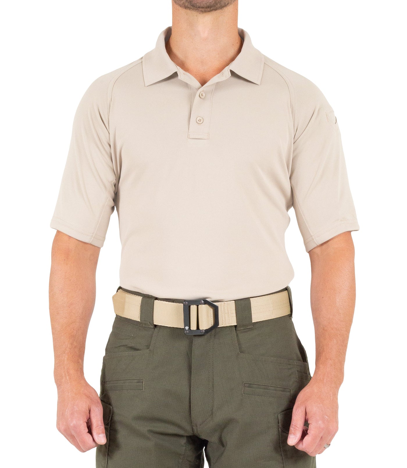 Front of Men's Performance Short Sleeve Polo in Khaki