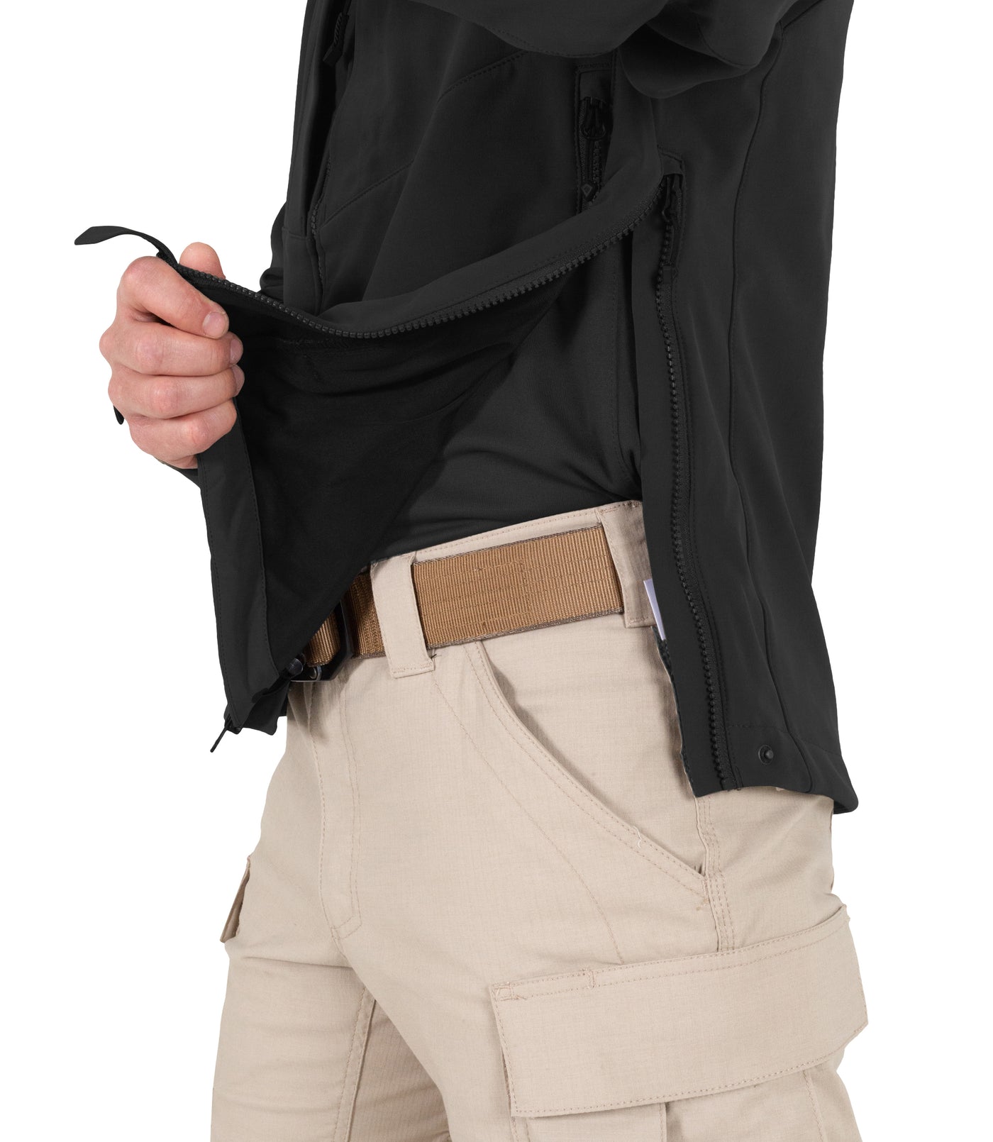 Side Zip of Men's Tactix Softshell Jacket in Black
