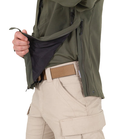 Side Zip of Men's Tactix Softshell Jacket in OD Green