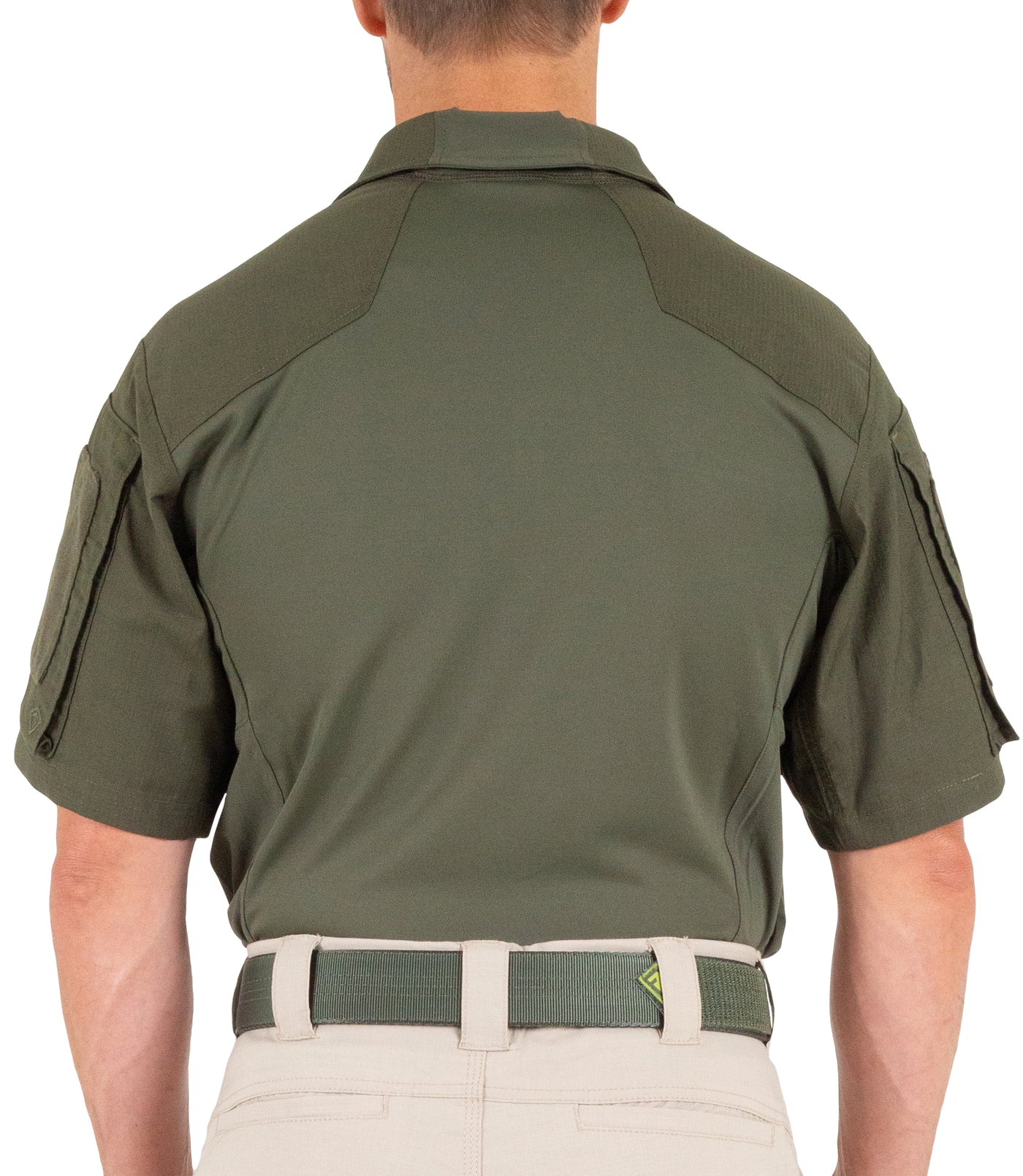 Back of Men's Defender Short Sleeve Shirt in OD Green