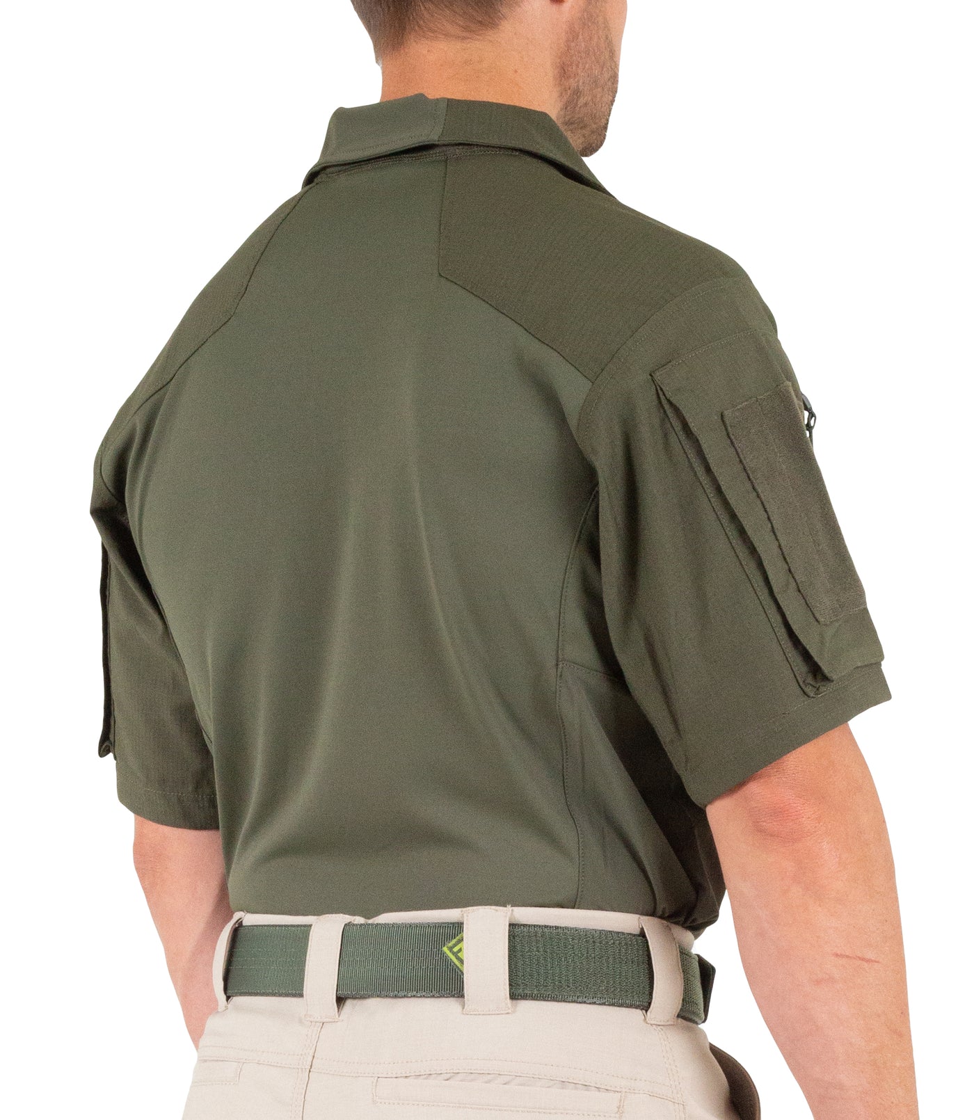 Side of Men's Defender Short Sleeve Shirt in OD Green