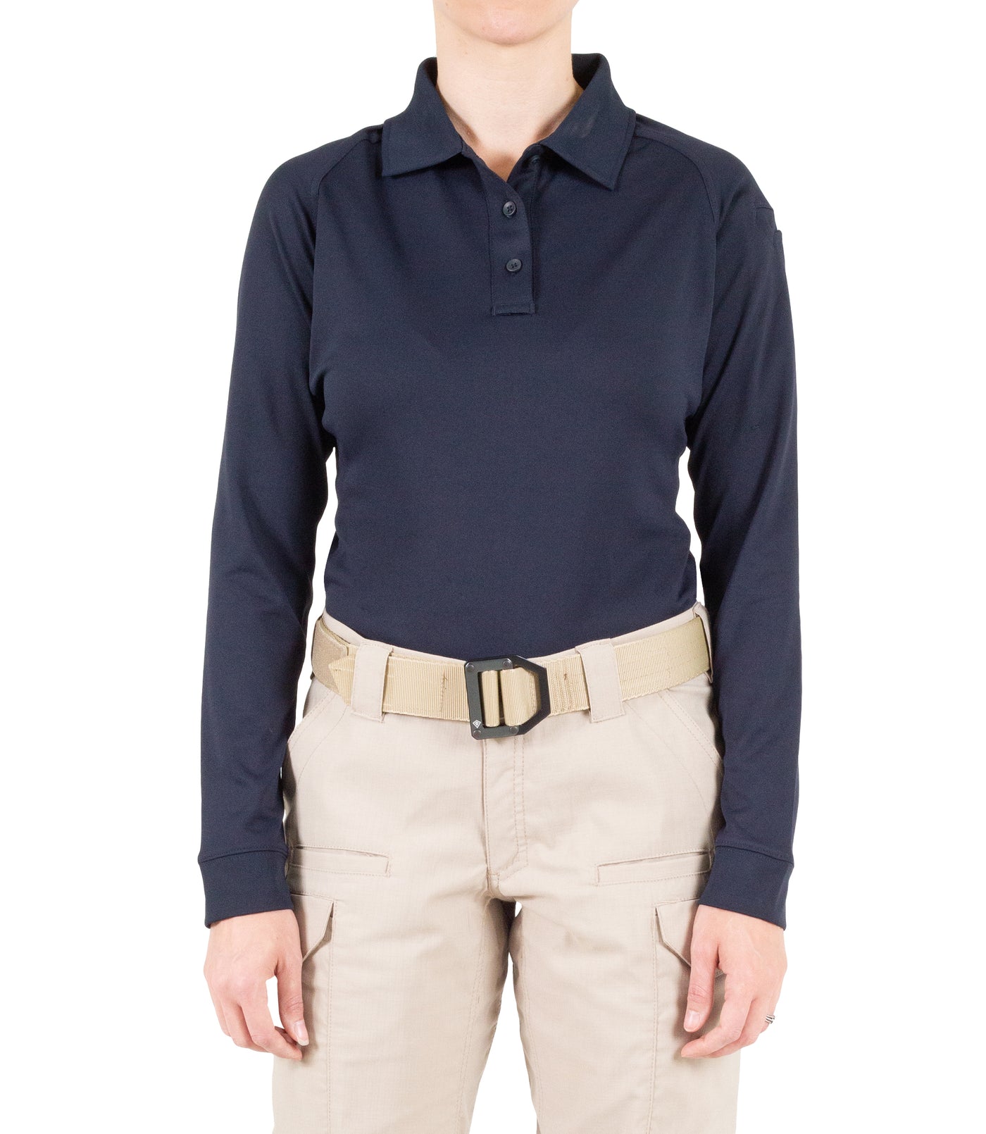 Front of Women's Performance Long Sleeve Polo in Midnight Navy