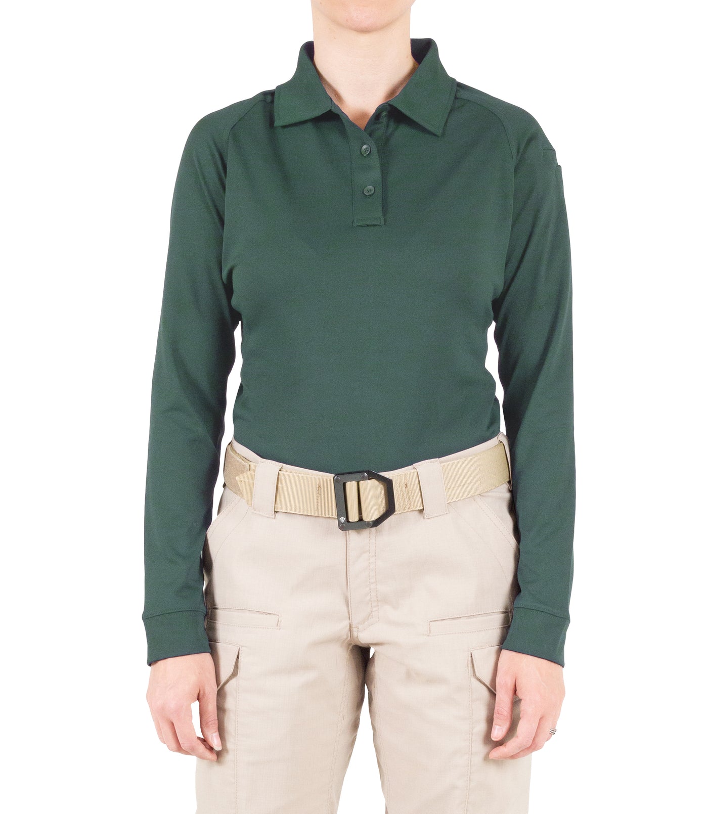 Front of Women's Performance Long Sleeve Polo in Spruce Green