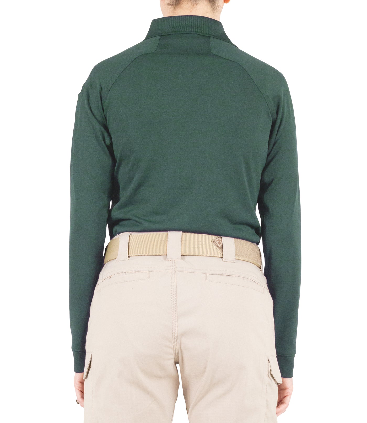 Back of Women's Performance Long Sleeve Polo in Spruce Green