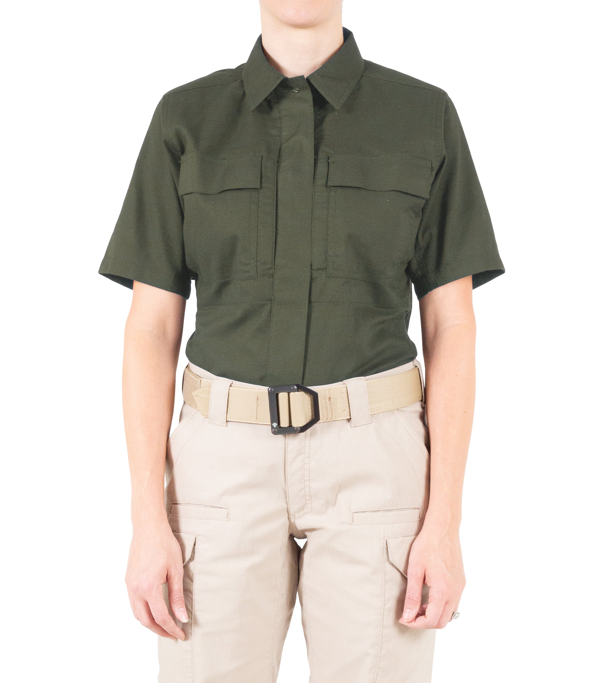 Front of Women's V2 BDU Short Sleeve Shirt in OD Green |color_od green