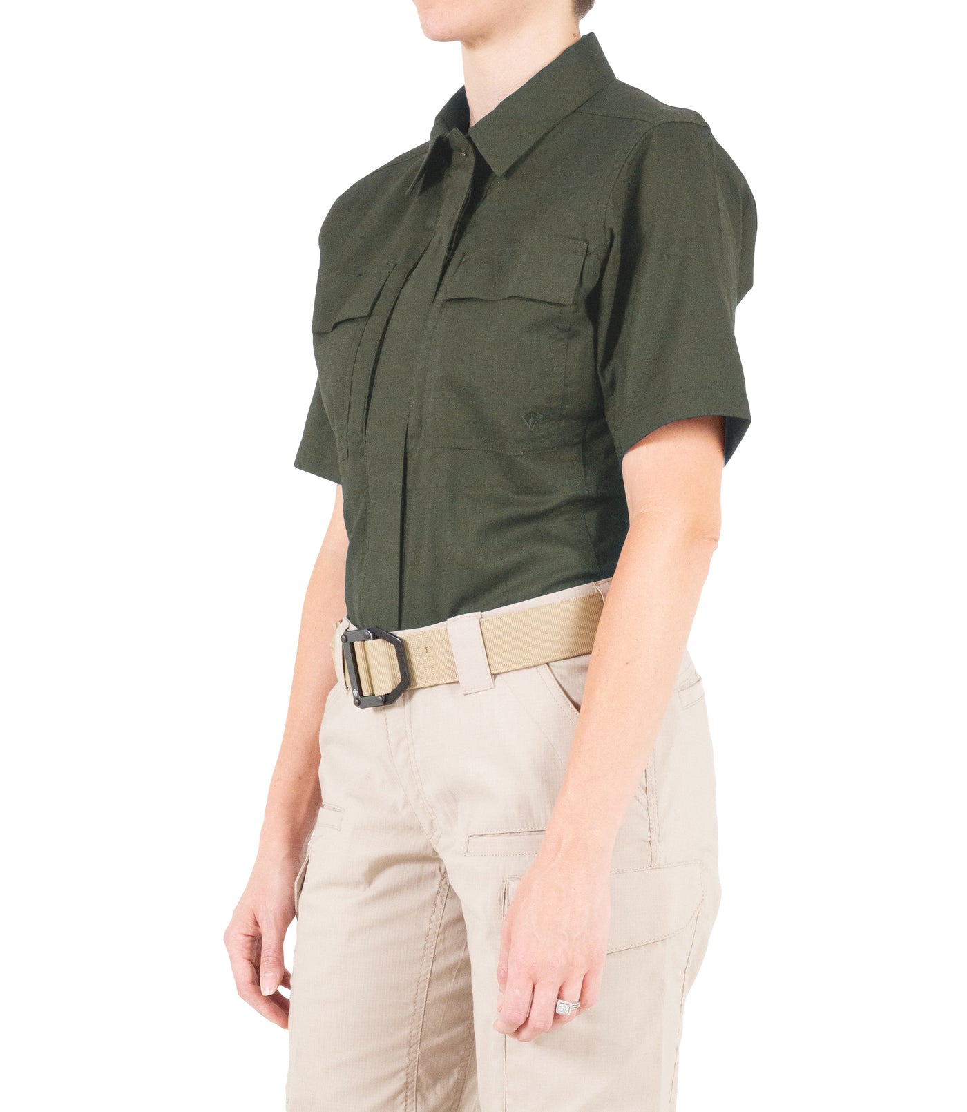 Side of Women's V2 BDU Short Sleeve Shirt in OD Green