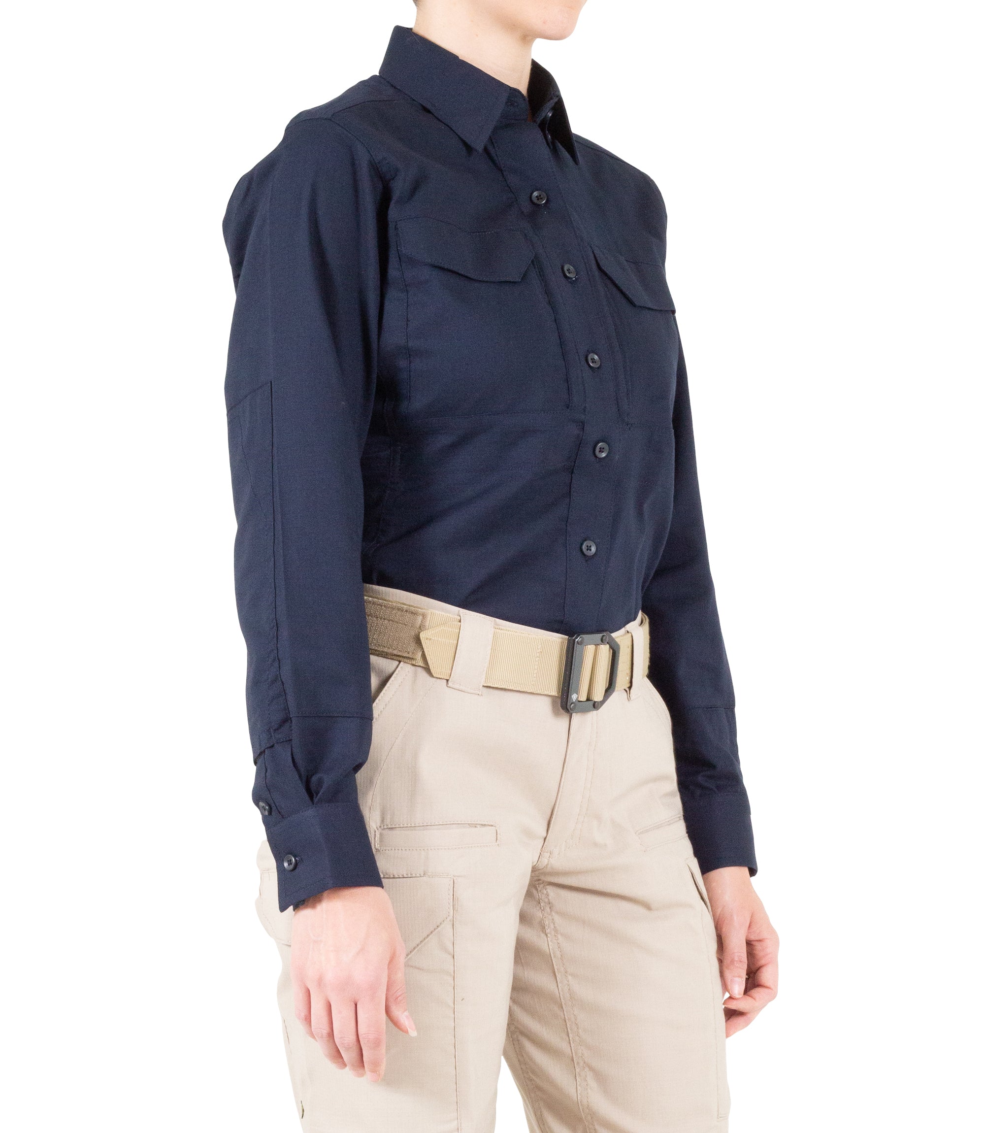 Side of Women's V2 Tactical Long Sleeve Shirt in Midnight Navy |color_midnight navy