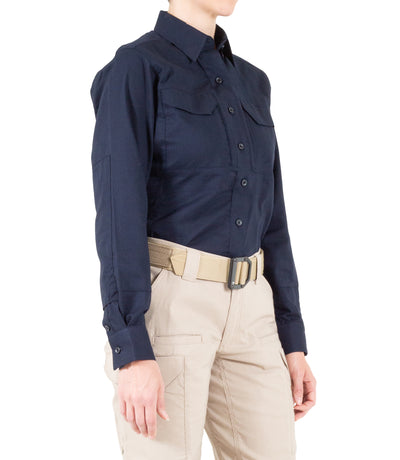 Side of Women's V2 Tactical Long Sleeve Shirt in Midnight Navy